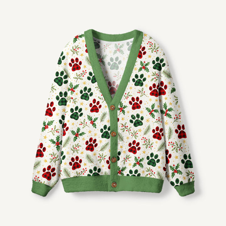 Cardigan Natalizio Lavorato a Maglia con Fantasia di Zampe di Gatto “Buon Natale”