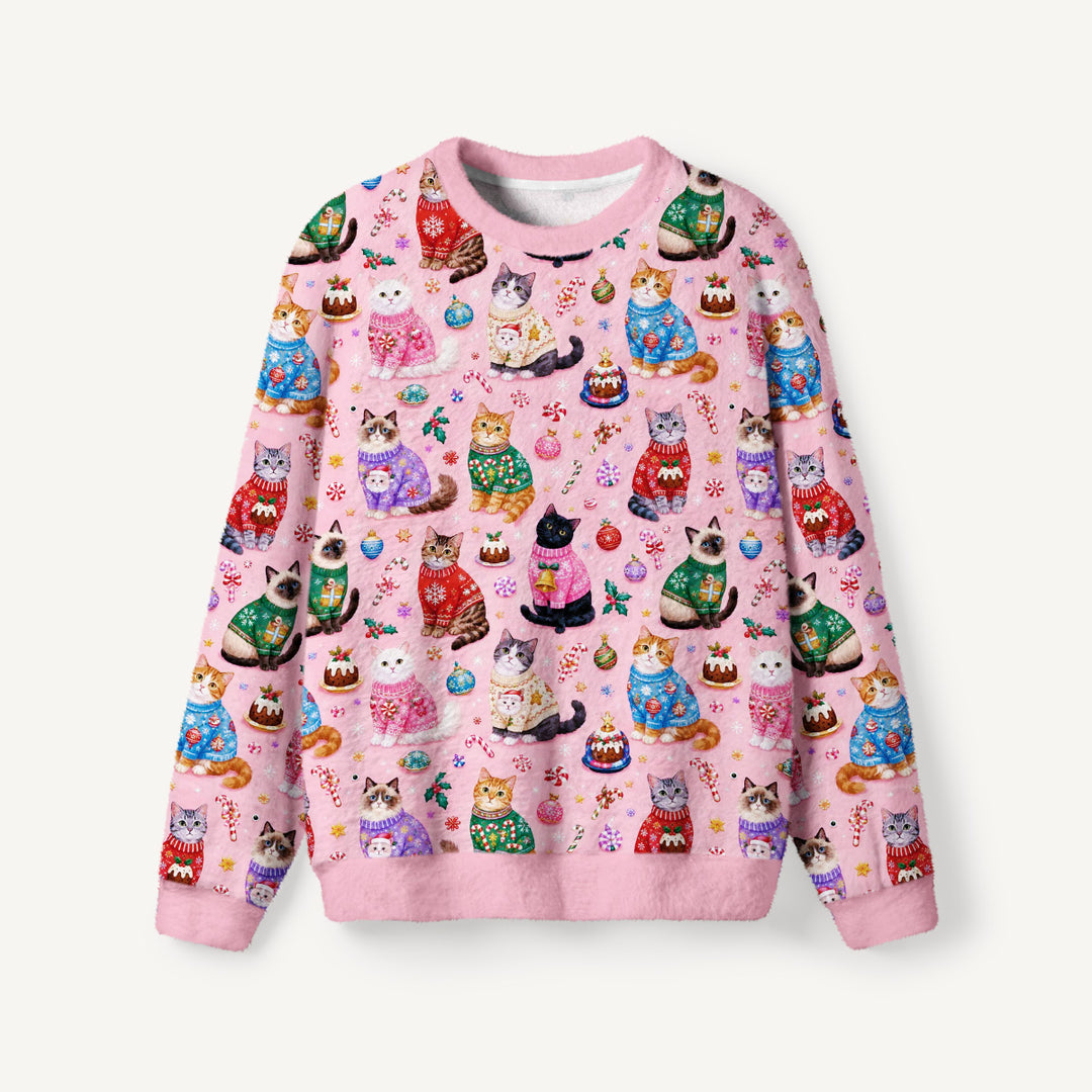 Maglione Natalizio Girocollo con Gatti e Fantasia Festiva