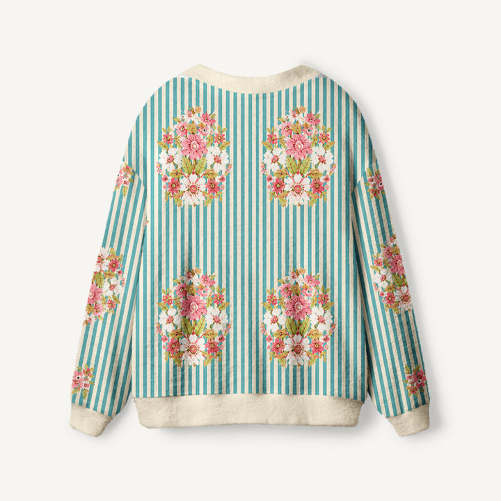 Cardigan lavorato a maglia con bottoni e motivo a righe floreali in stile cottage