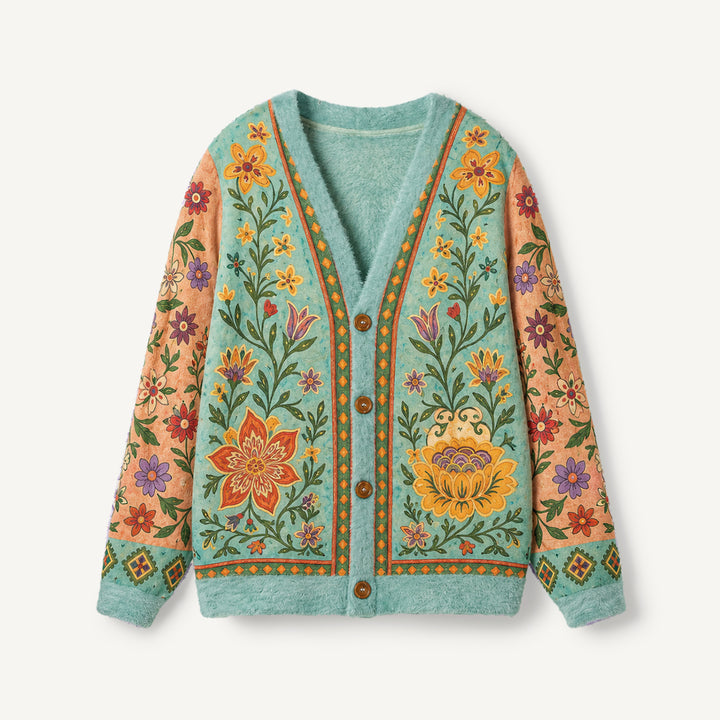 Cardigan vintage con bottoni e motivo floreale da giardino