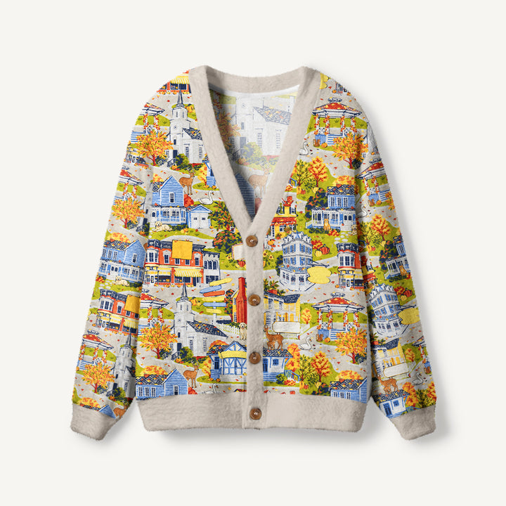 Cardigan lavorato a maglia con villaggio autunnale e animali del bosco