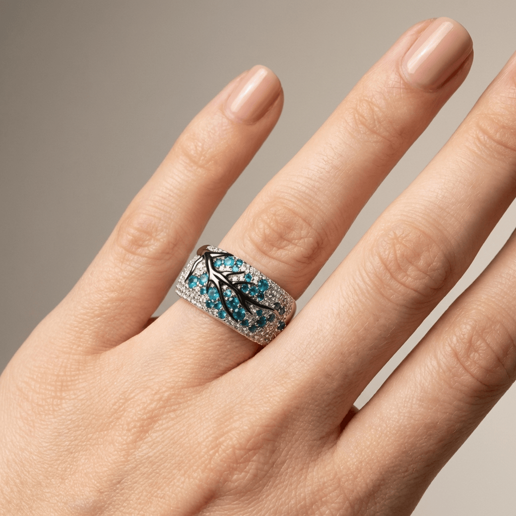Velaia™ - Anello foglia in argento con topazio blu