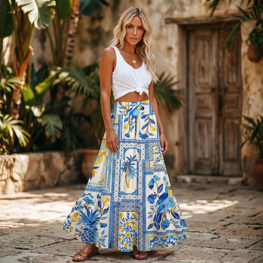 Gonna lunga con motivo a piastrelle tropicali blu e abito senza spalline