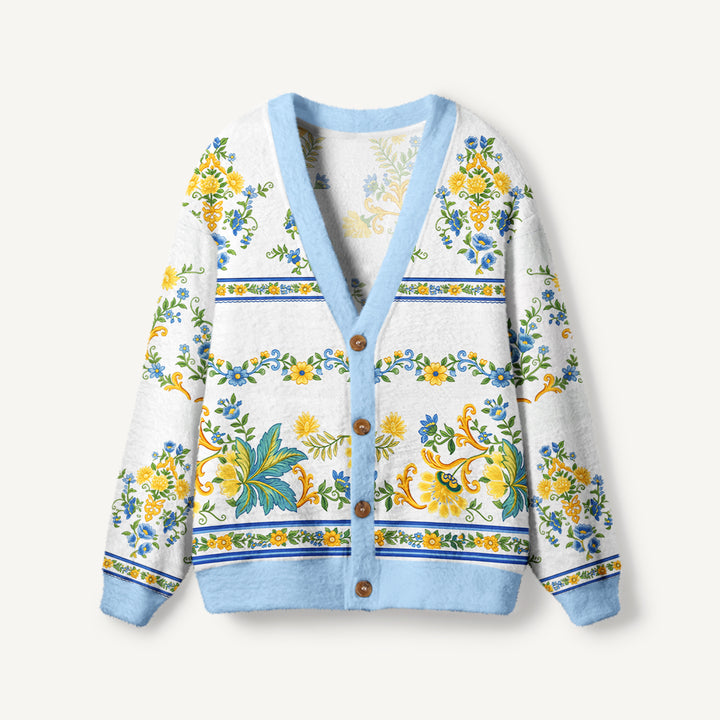 Cardigan lavorato a maglia con ricami botanici blu e gialli