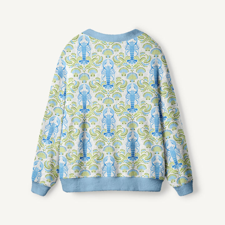 Cardigan lavorato a maglia con stampa di aragoste, conchiglie e fiori