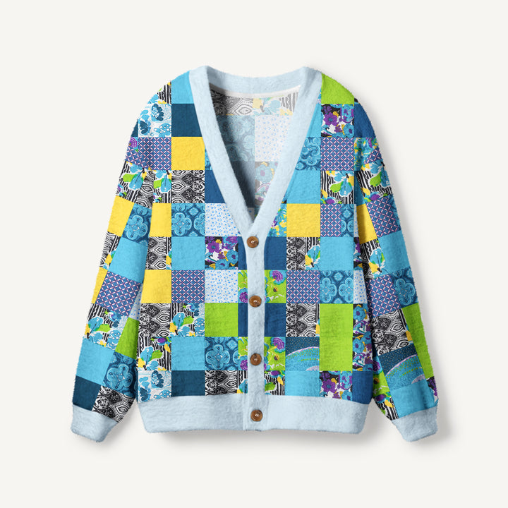 Cardigan lavorato a maglia in patchwork con motivi floreali geometrici