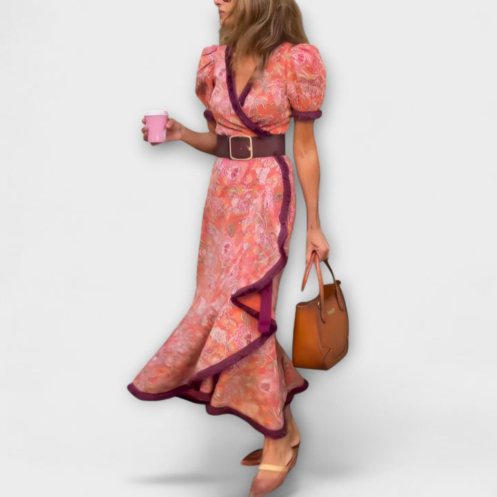 Abito maxi elegante rosa con maniche corte