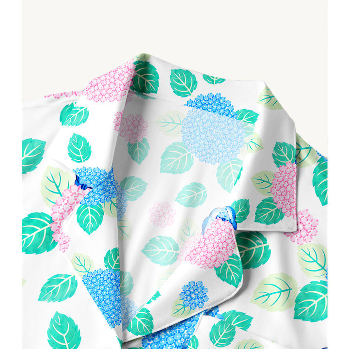 Set di pigiami a maniche lunghe con ortensie e uccellini blu da giardino