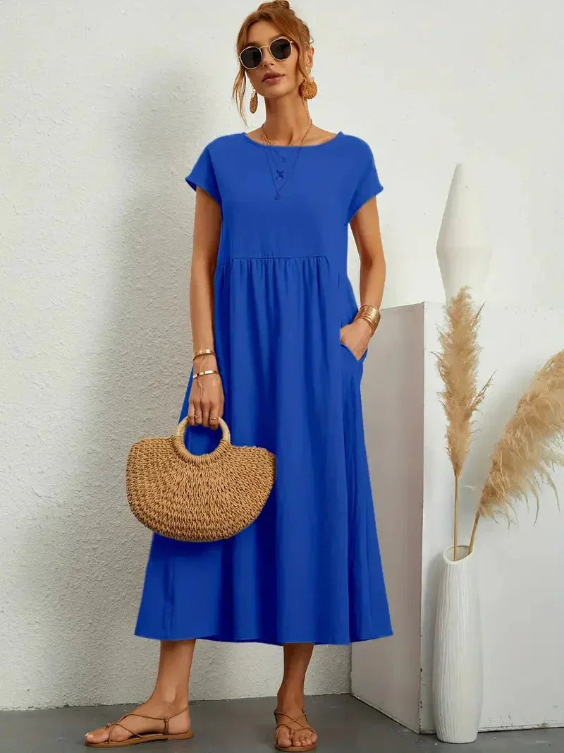 Disinvolta Abito Midi Donna Leggero Con Tasche Manica Corta