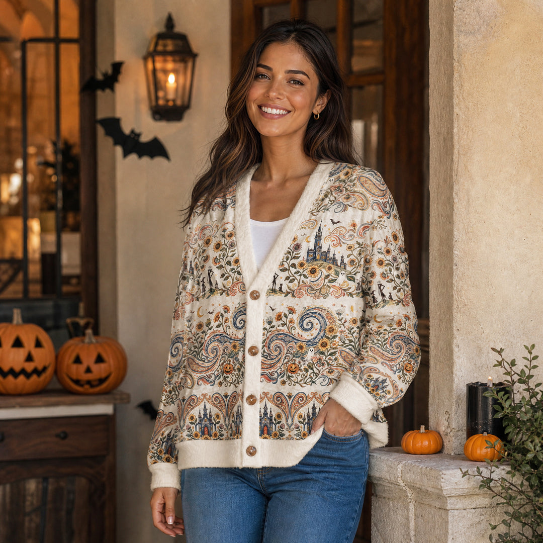 Cardigan lavorato a maglia con bottoni e motivo Boho Halloween del giardino del castello incantato