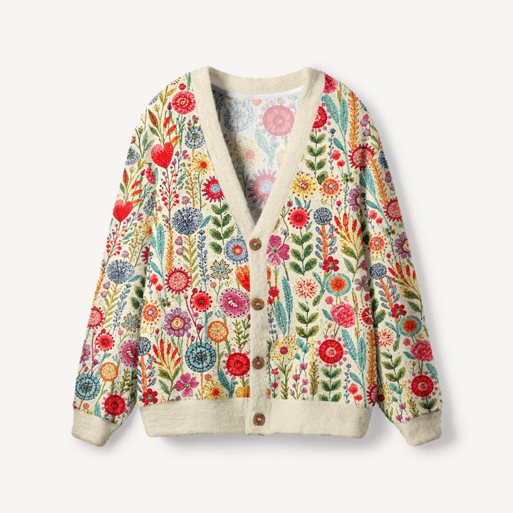 Cardigan lavorato a maglia da giardino di campagna con fiori di campo colorati