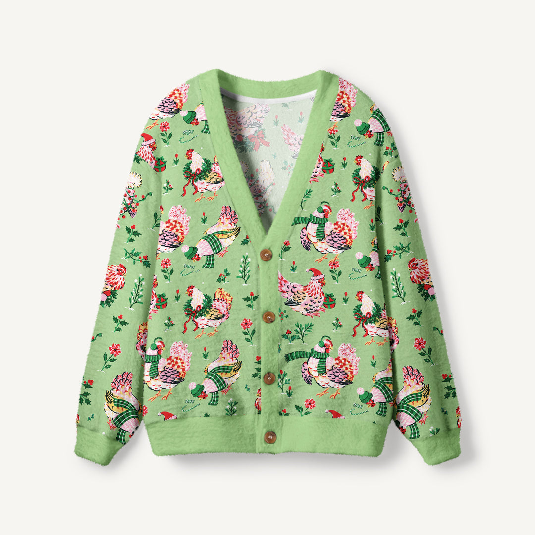 Cardigan lavorato a maglia Natalizi per Galline con Fantasia Festiva a Tema Giardino