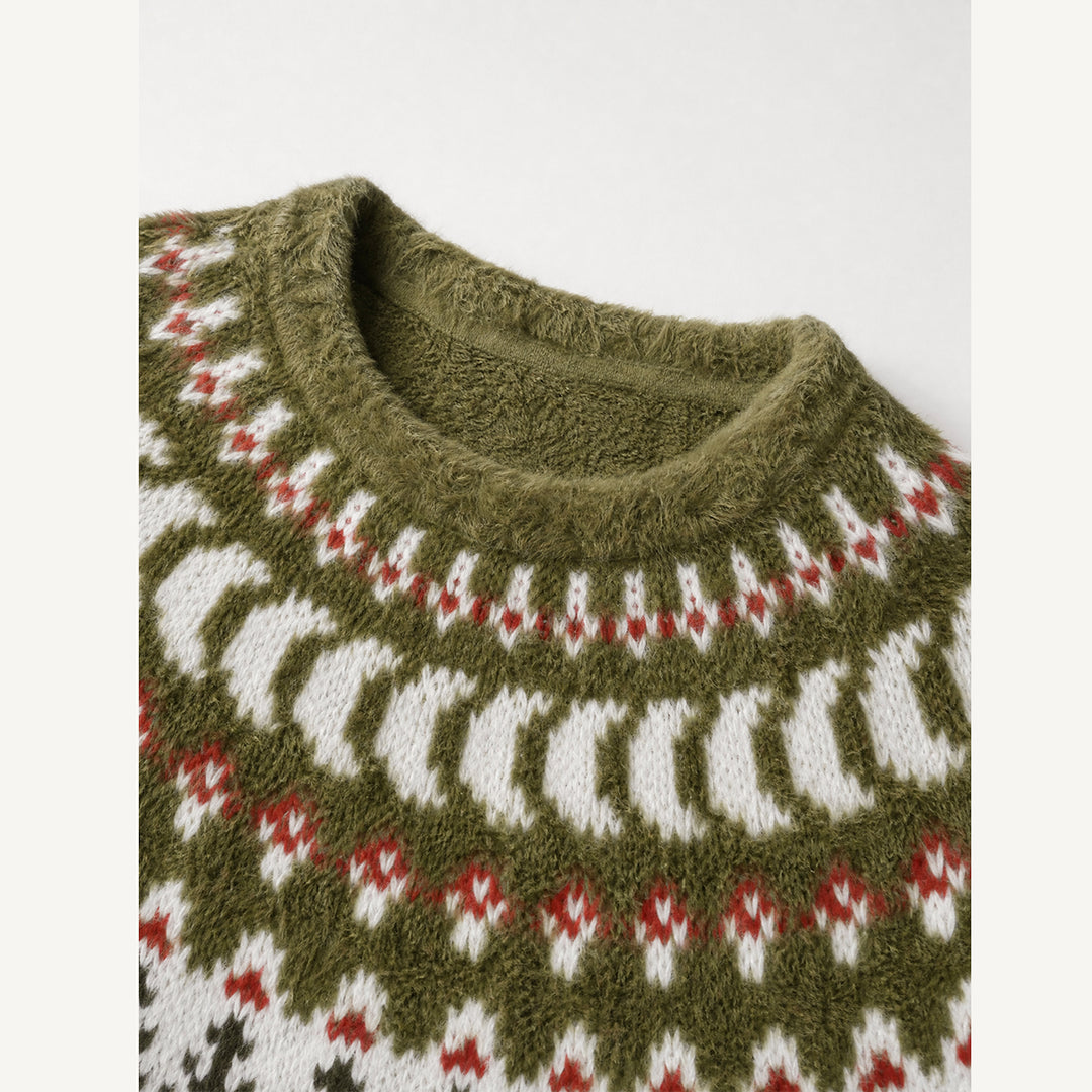 Maglione a girocollo con motivo di funghi del bosco e pini