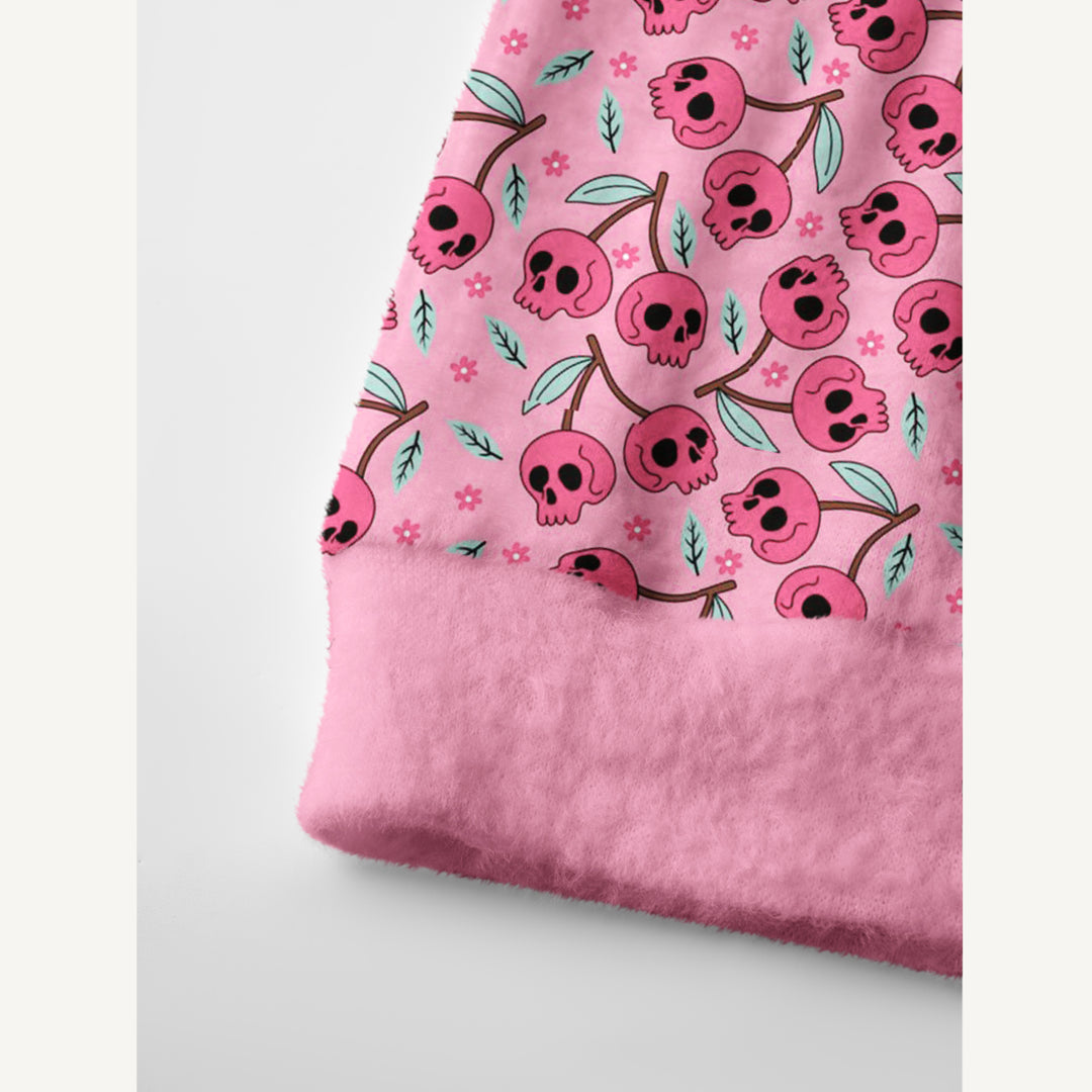Cardigan lavorato a maglia a tema Halloween con motivo di teschi rosa e fiori
