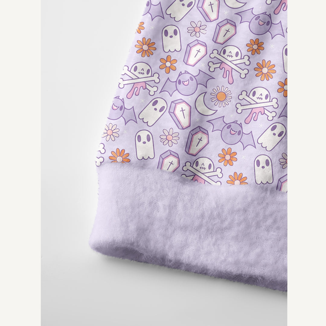 Cardigan in maglia stile boho per Halloween con motivo “giardino di lavanda e fantasma”