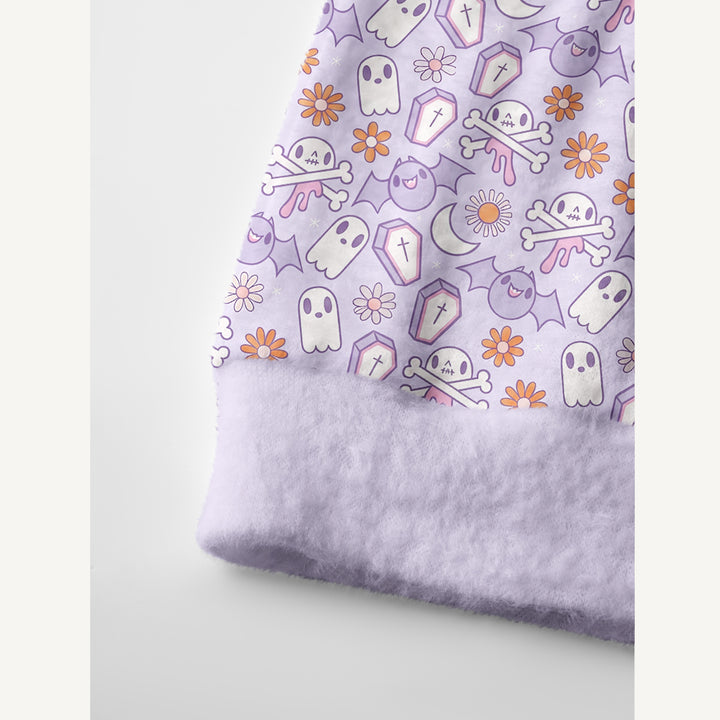 Cardigan in maglia stile boho per Halloween con motivo “giardino di lavanda e fantasma”