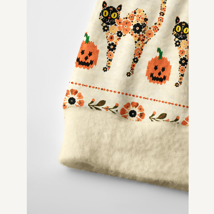Cardigan lavorato a maglia con motivo floreale in stile boho, con gatti e zucche, per Halloween