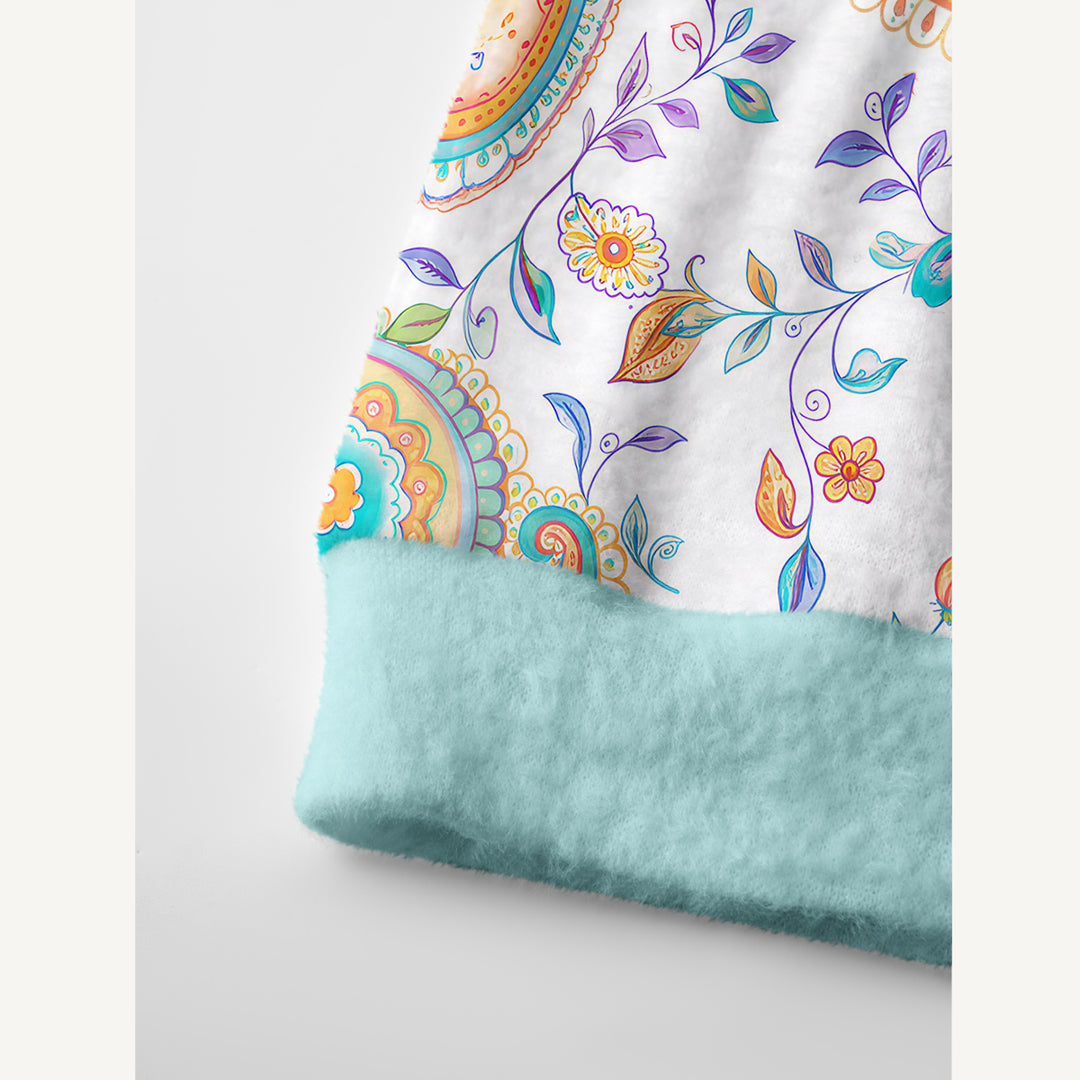 Cardigan lavorato a maglia con motivi boho, paisley, floreali e botanici