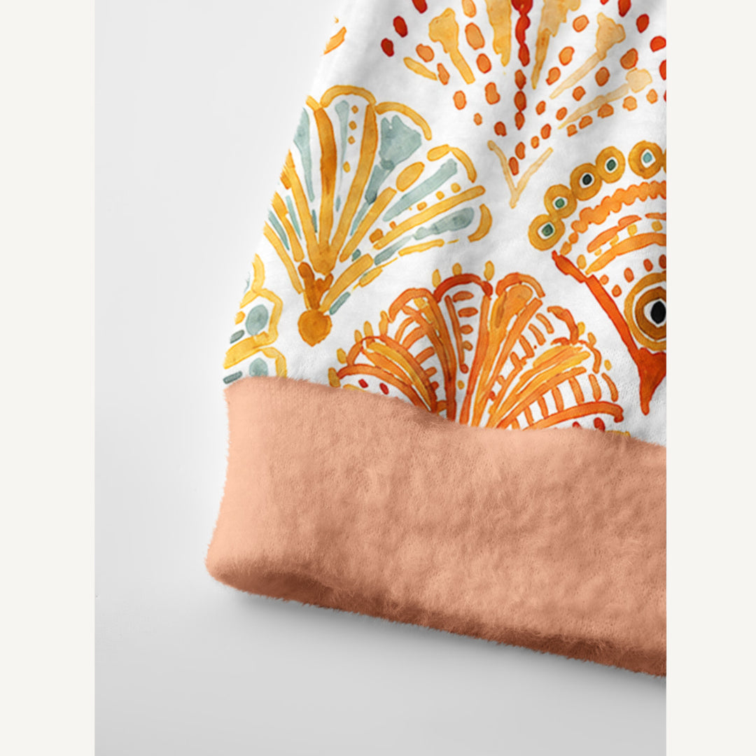 Cardigan lavorato a maglia con piastrelle a conchiglia dai colori caldi, effetto acquerello