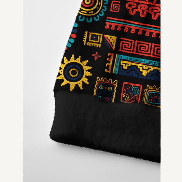 Cardigan lavorato a maglia in stile arazzo con simbolo del sole azteco