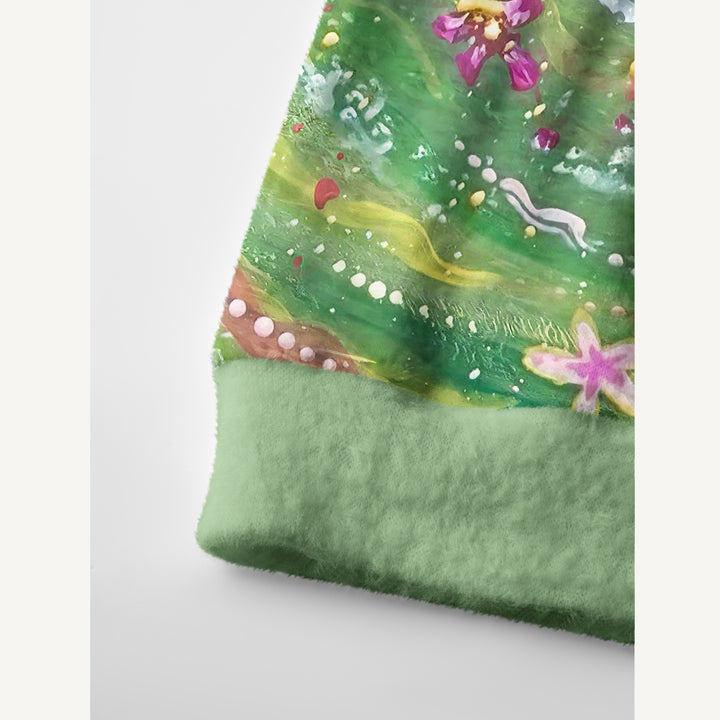 Cardigan lavorato a maglia artistico verde con motivi a spirale e stampa di fiori selvatici