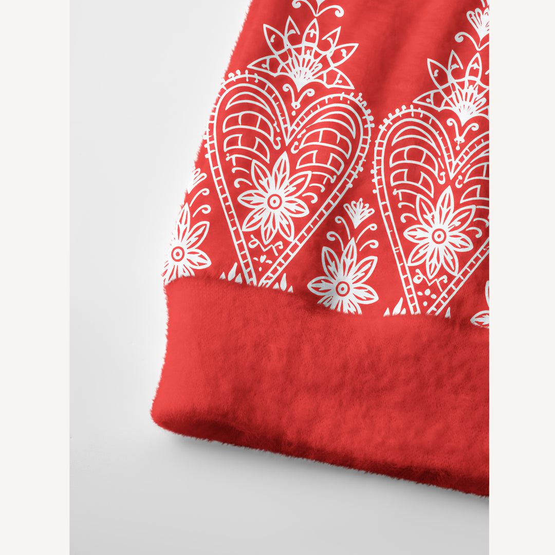 Cardigan lavorato a maglia rosso con stampa floreale e cuori in stile folk