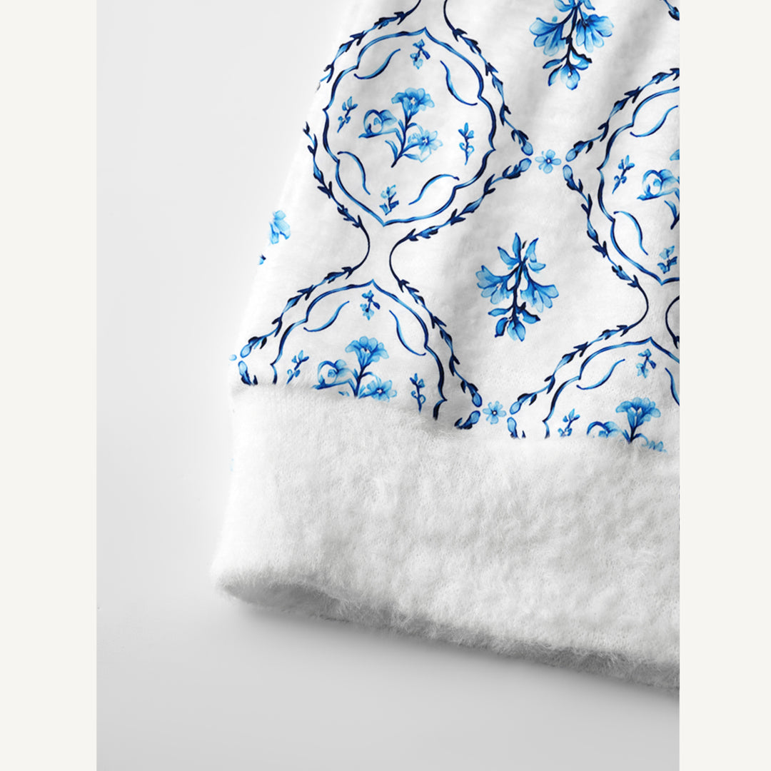Cardigan lavorato a maglia blu con stampa di medaglioni floreali