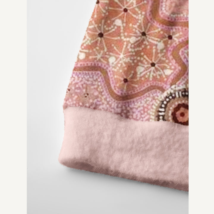 Cardigan lavorato a maglia boho rosa con stampa floreale e simboli tribali del sole