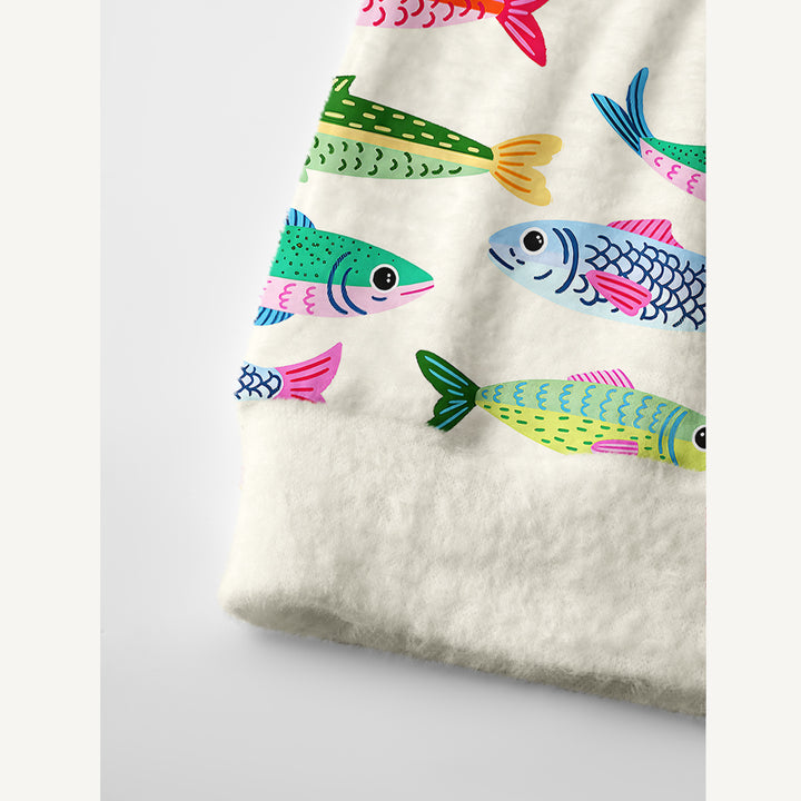 Cardigan lavorato a maglia con sardine dai colori vivaci