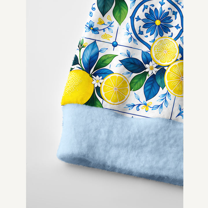 Cardigan lavorato a maglia con piastrelle in stile mediterraneo e motivi di limoni
