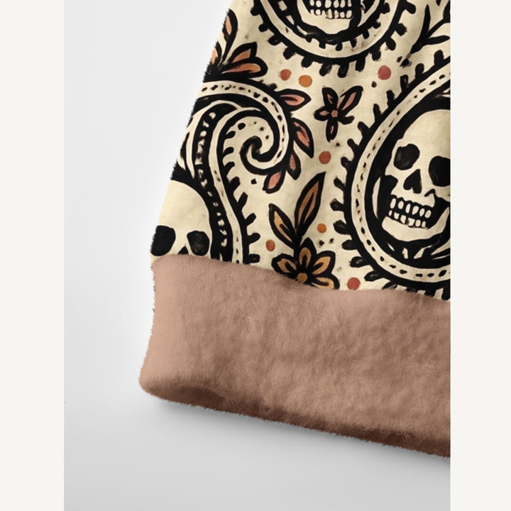 Cardigan lavorato a maglia boho con teschi e stampa paisley