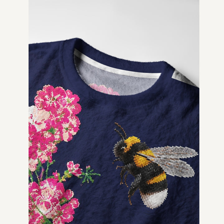 Maglione a girocollo con motivo a api e giardino di gerani