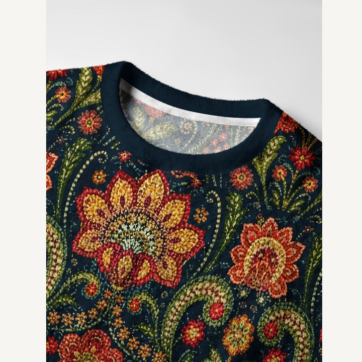 Maglione vintage a collo rotondo con motivi floreali folk e paisley
