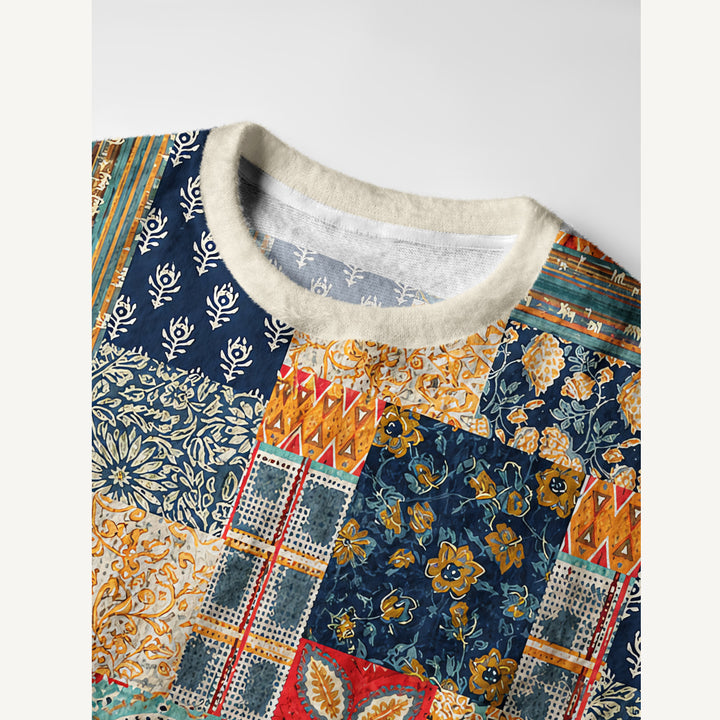 Maglione a girocollo in stile boho con motivo patchwork floreale e geometrico