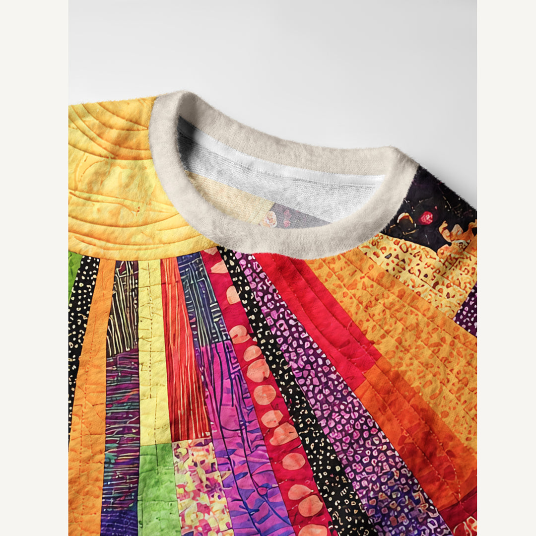 Maglione a girocollo con stampa patchwork a raggiera arcobaleno