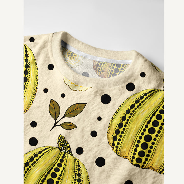 Maglione a girocollo con motivo floreale a zucche e pois gialli