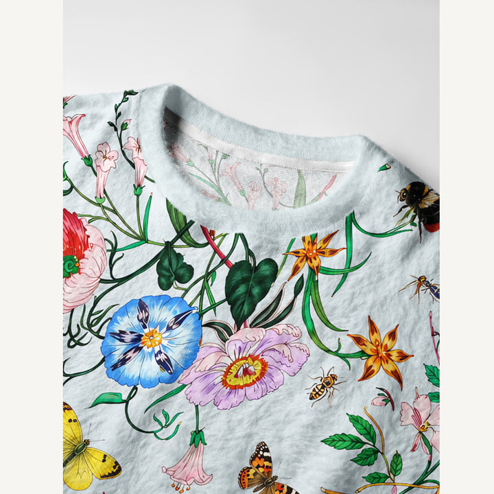 Maglione a girocollo con motivo botanico di fiori selvatici e insetti
