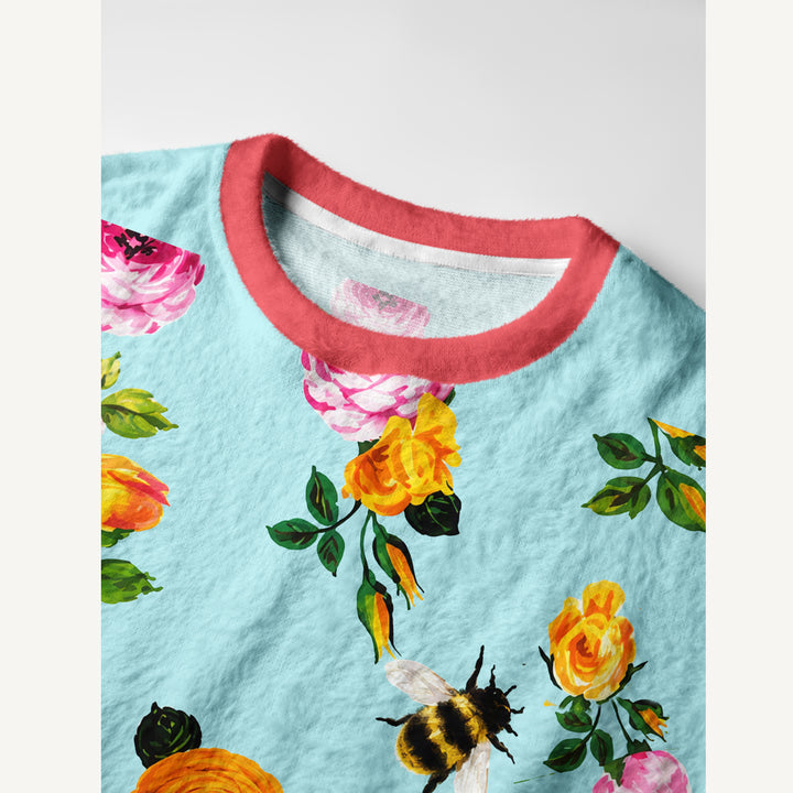 Maglione a girocollo con stampa “Giardino con rosa rosa e calabrone”