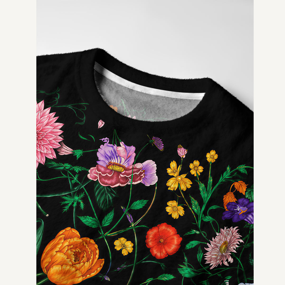 Maglione a girocollo con motivo di fiori selvatici e farfalle
