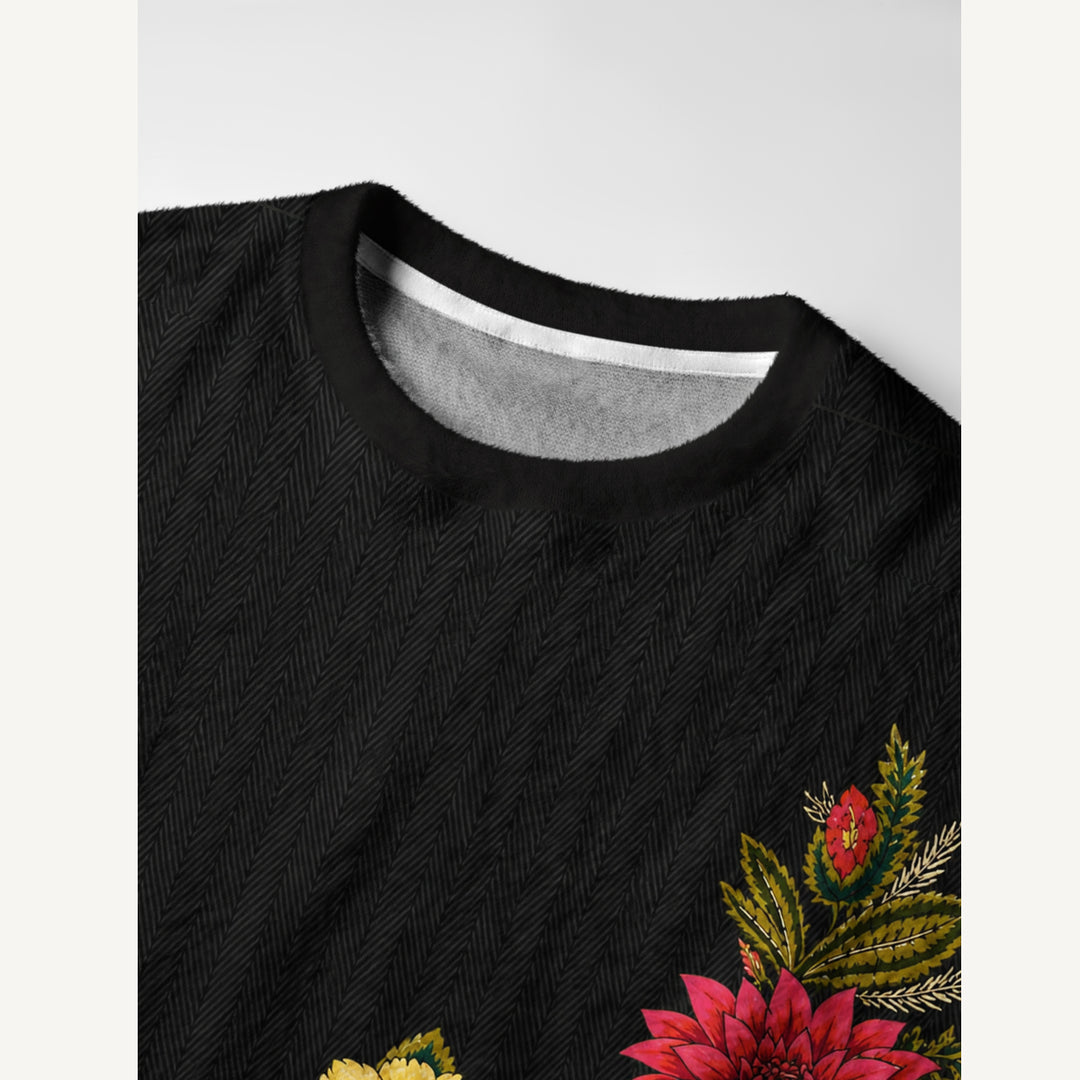 Maglione a girocollo con bordo floreale in stile folk decorato