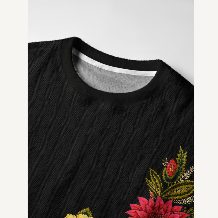 Maglione a girocollo con bordo floreale in stile folk decorato