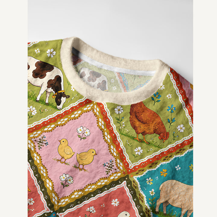 Maglione a girocollo con patchwork di animali della fattoria di campagna