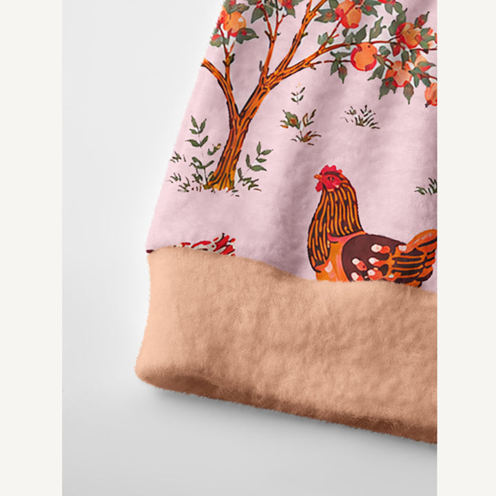 Cardigan lavorato a maglia con galline di campagna e frutteto