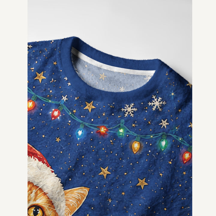 Maglione Natalizio Girocollo con Gatto e Luci di Natale