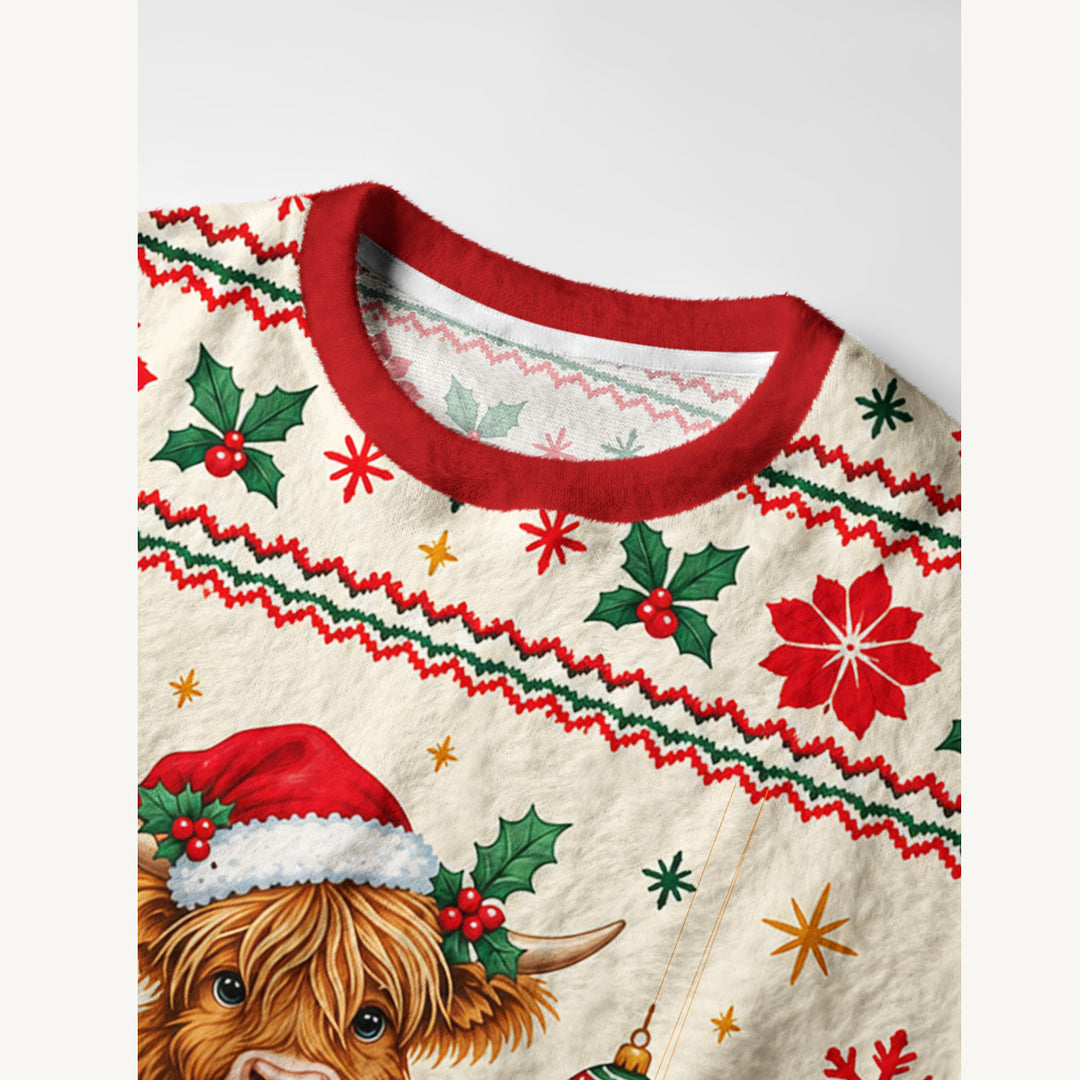 Maglione Natalizio Girocollo con Highland Cow Sovrapposte