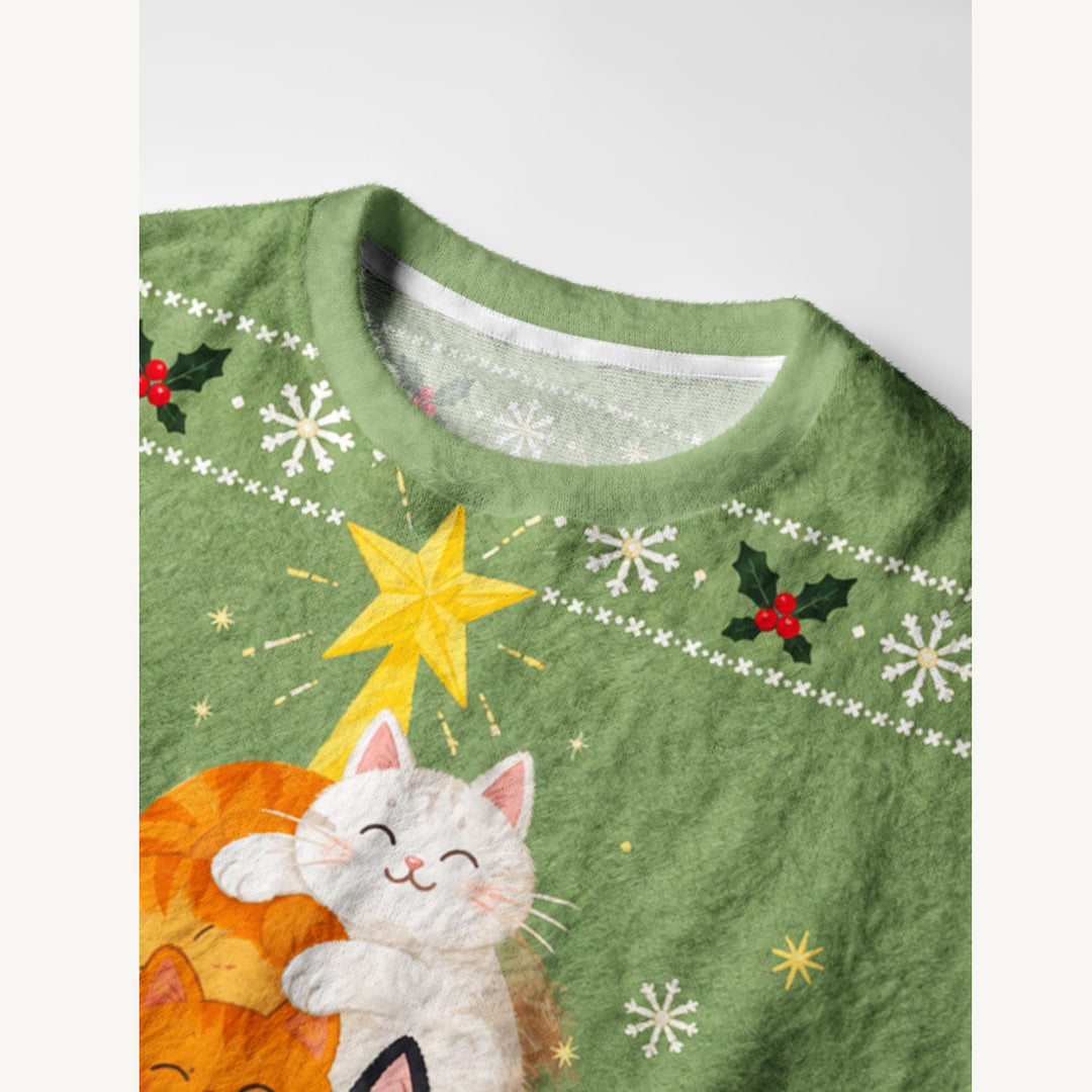 Maglione Natalizio Girocollo con Gatto Festoso e Albero di Natale