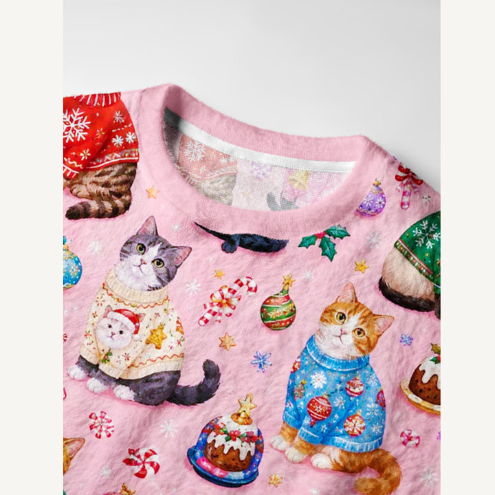 Maglione Natalizio Girocollo con Gatti e Fantasia Festiva