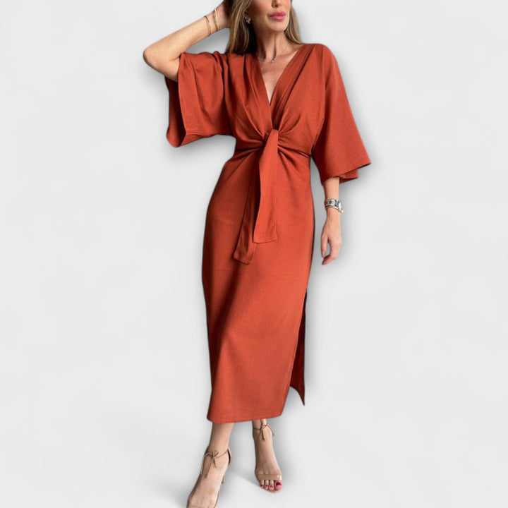 Holly - Abito Casual con Scollatura a V in Combinazione di Cotone e Lino con Nastro