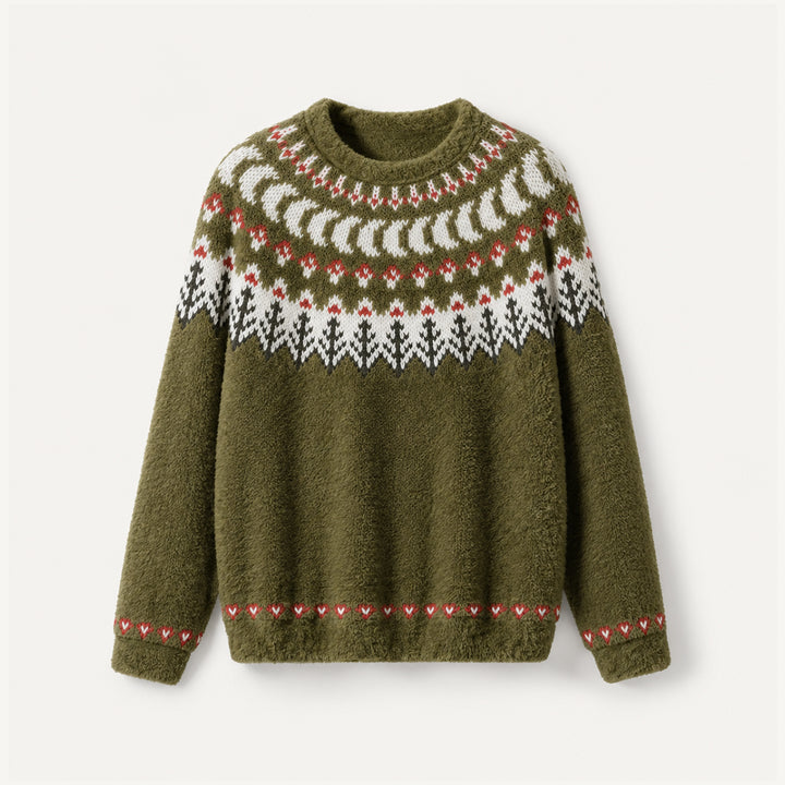Maglione a girocollo con motivo di funghi del bosco e pini