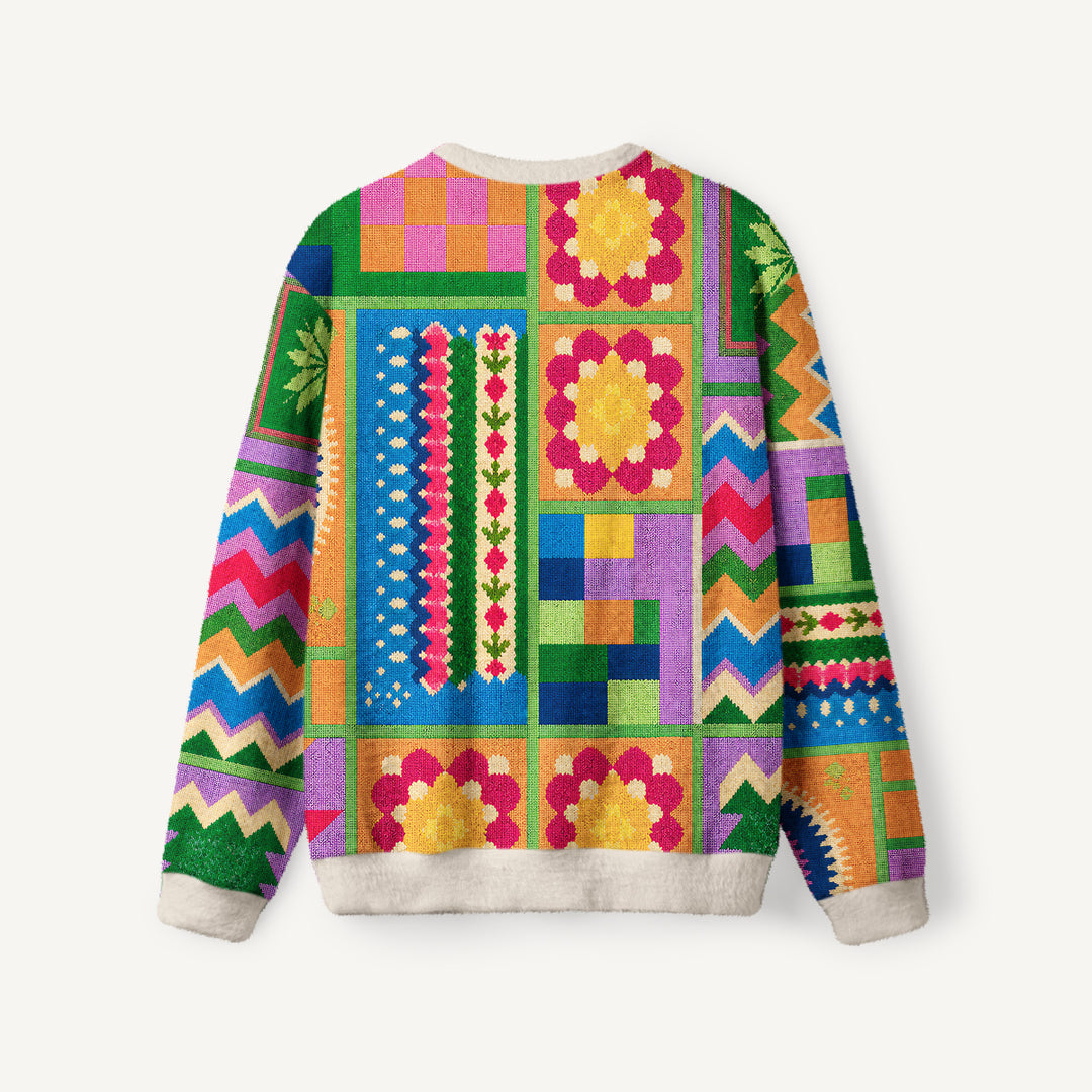 Maglione a girocollo con stampa patchwork geometrica colorata